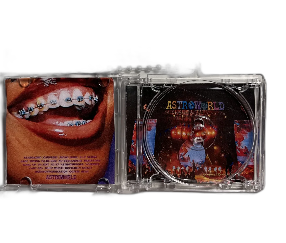 Travis Scott Astroworld CDMini open showing album cover and disc — CDMinis